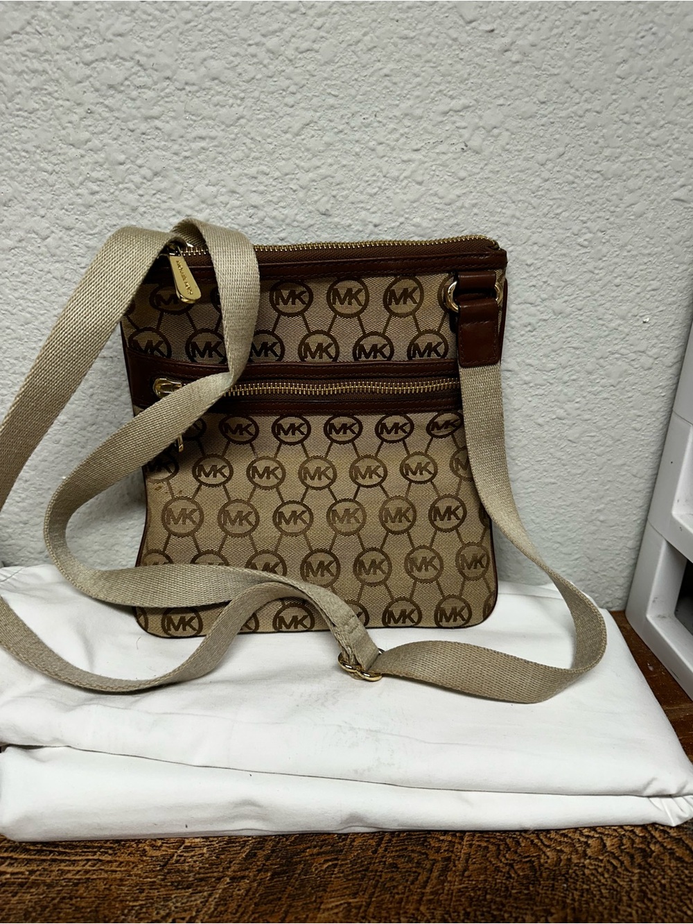 Michael Kors Tan Beige MK Logo Crossbody Messenger Bag